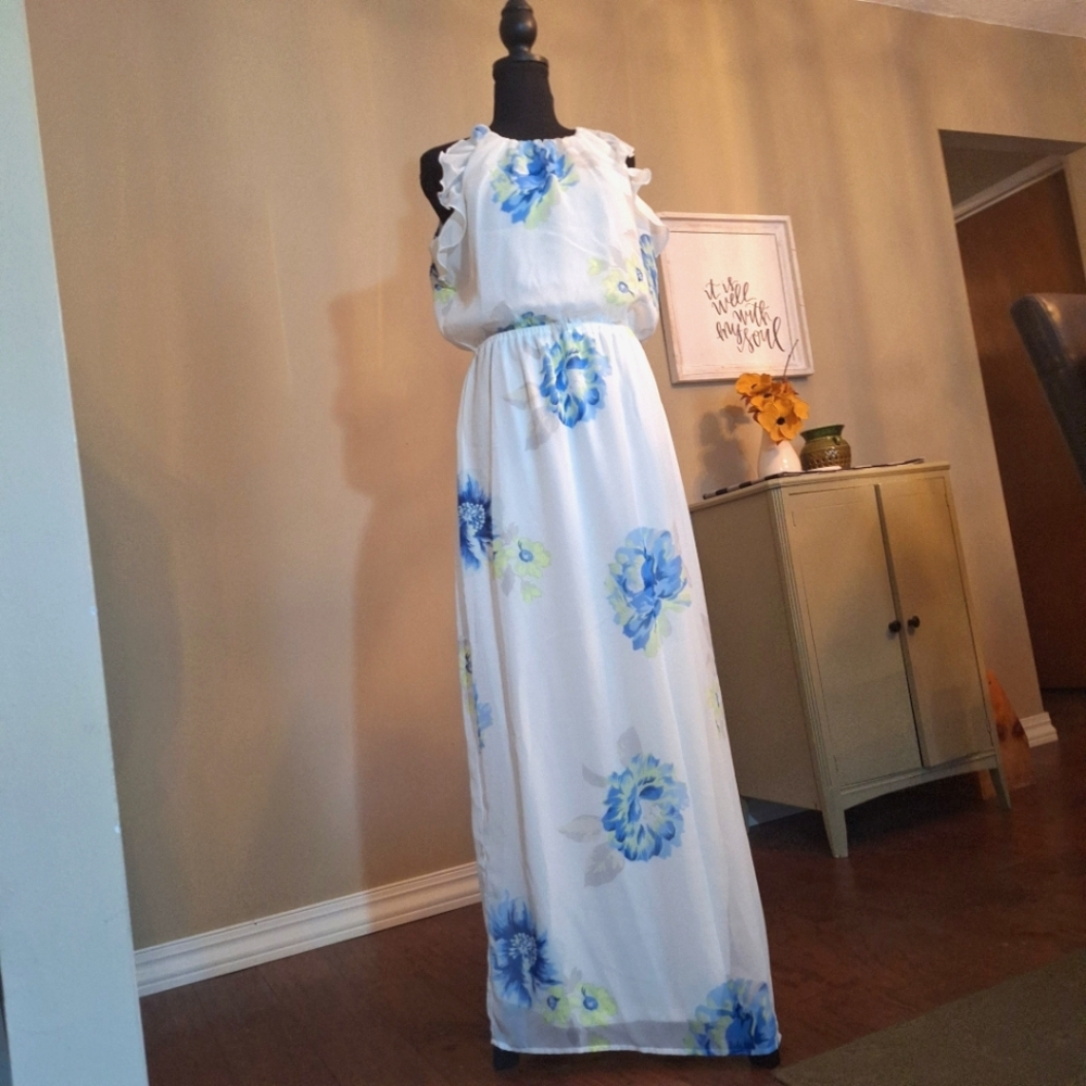 Old Navy White Dress with Blue and Green Floral Pattern Ruffles Mesh Maxi M - Picture 2 of 16